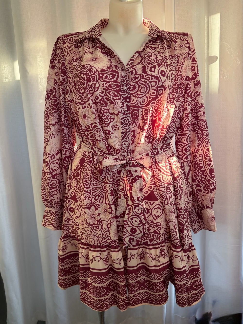 Umgee Plus 2XL Burgundy Cream Boho Floral Belted Shirt Dress